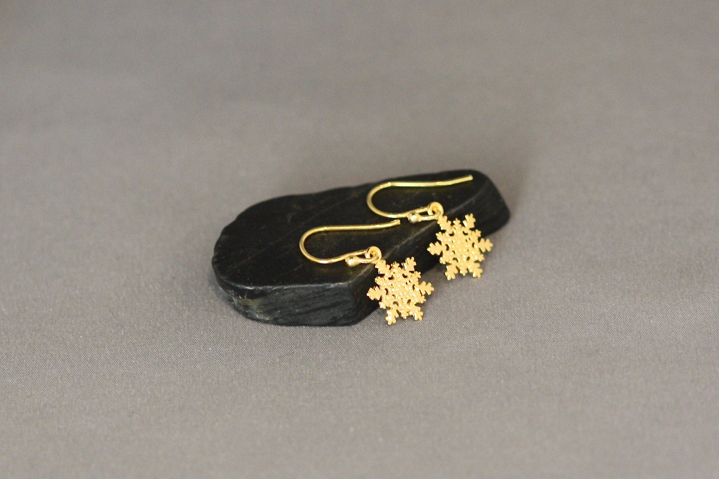 Shiny Gold Vermeil Snowflake Charm Dangle Earrings
