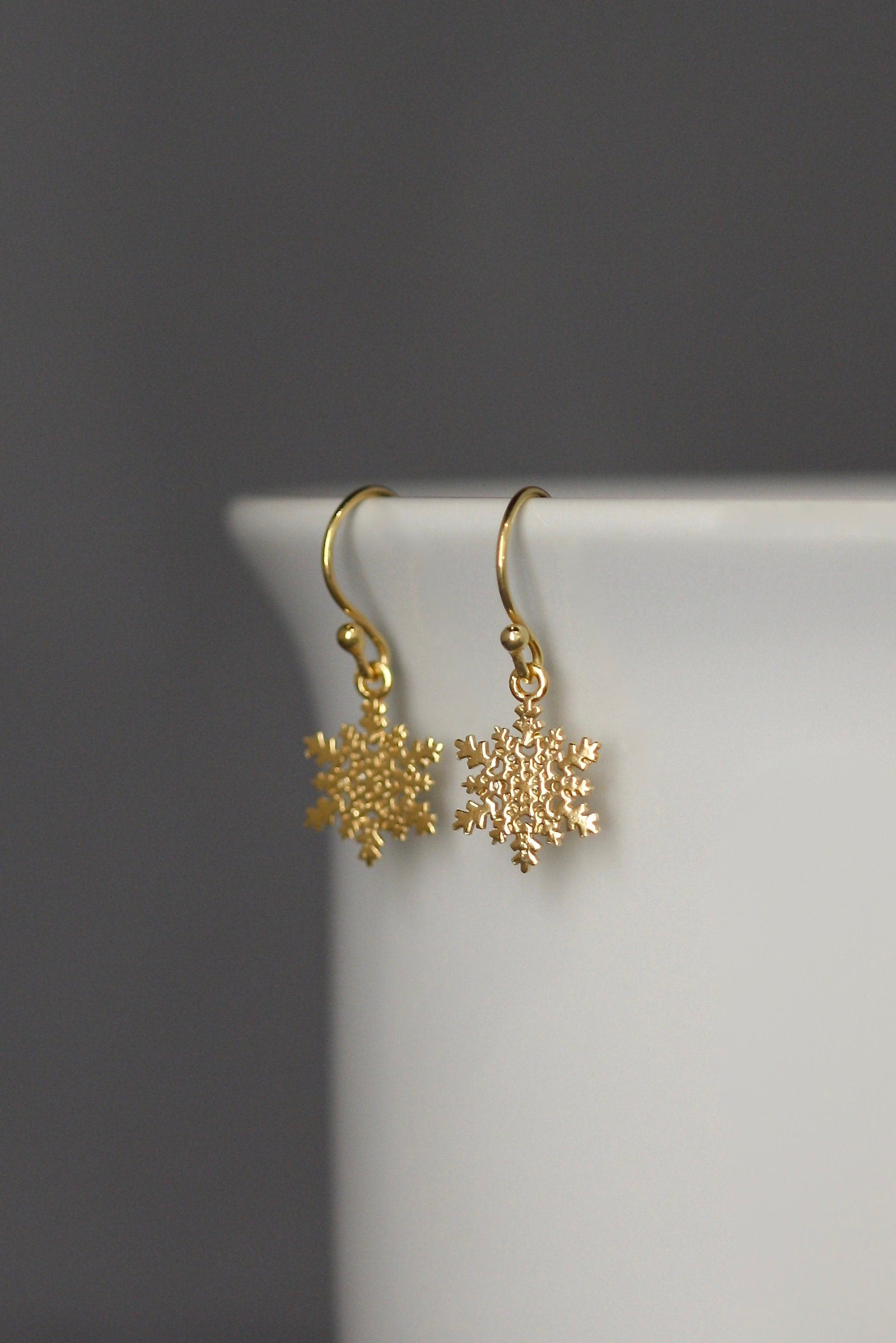 Shiny Gold Vermeil Snowflake Charm Dangle Earrings