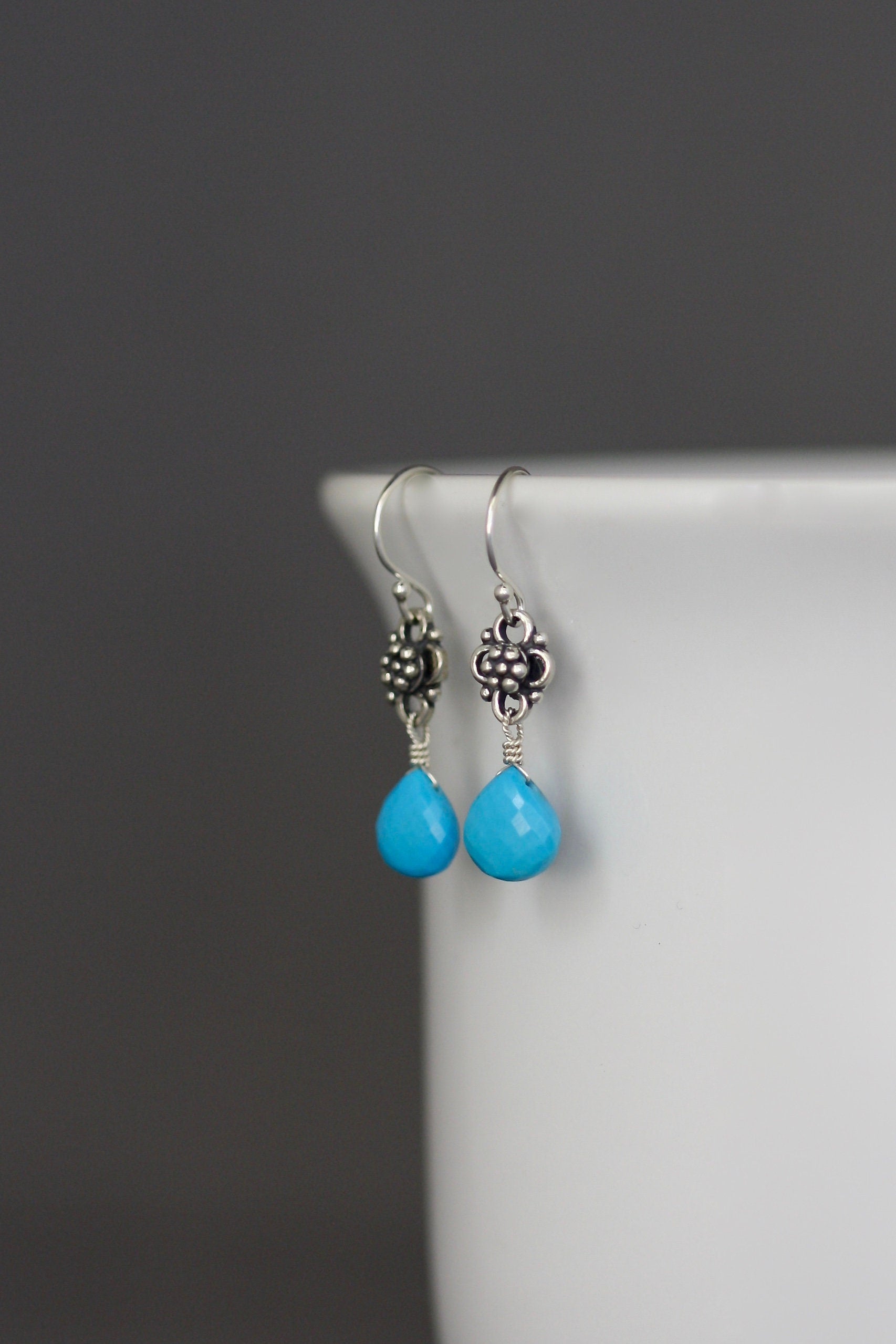 Turquoise Teardrop Dangle Earrings on Bali Silver Links