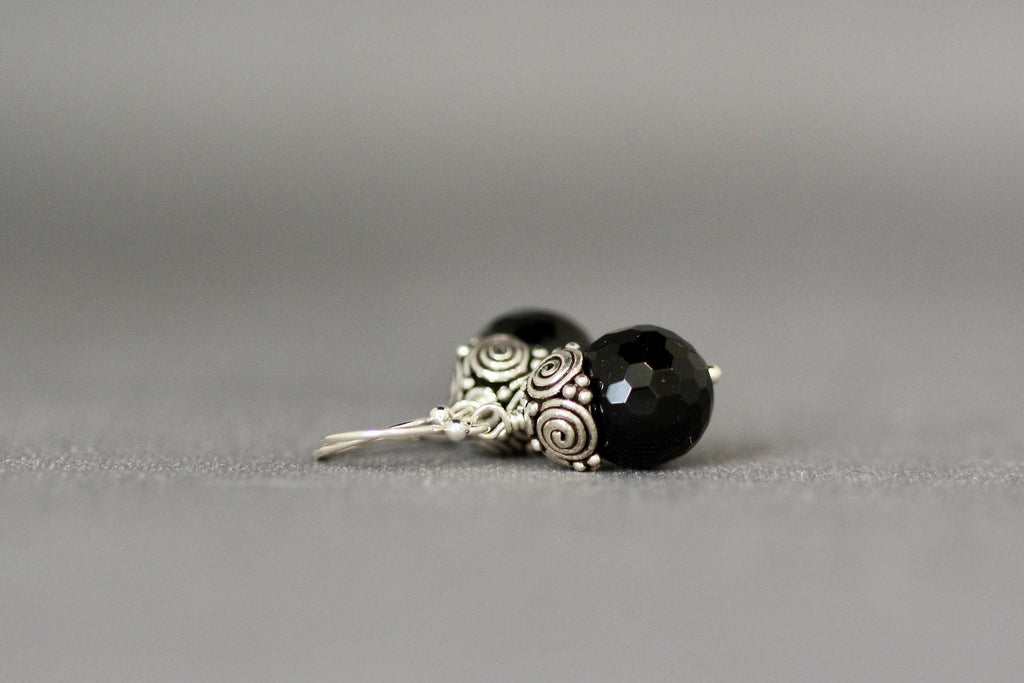 Black Onyx and Bali Sterling Silver Cap Dangle Earrings
