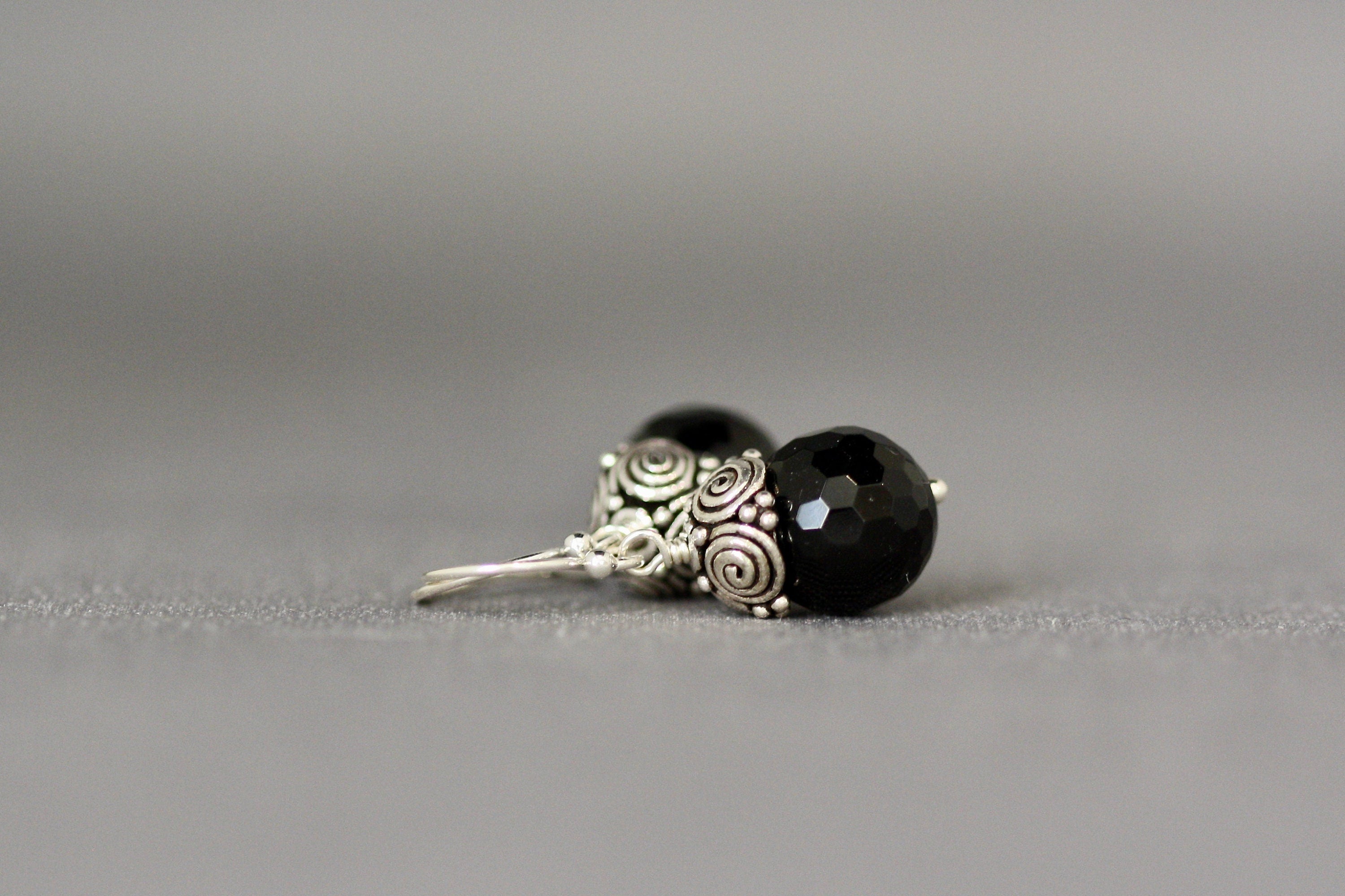 Black Onyx and Bali Sterling Silver Cap Dangle Earrings