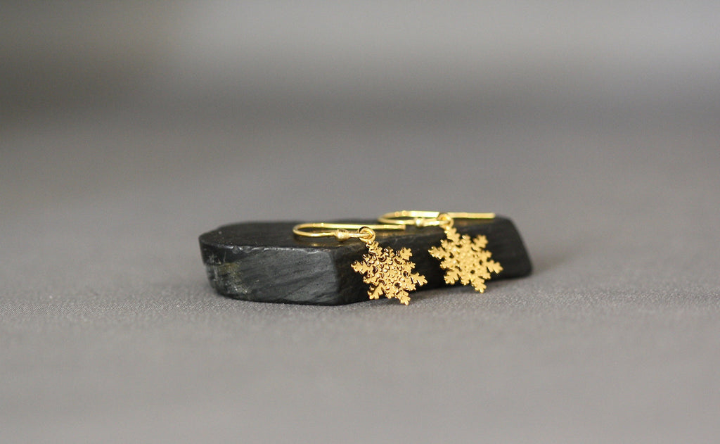 Shiny Gold Vermeil Snowflake Charm Dangle Earrings