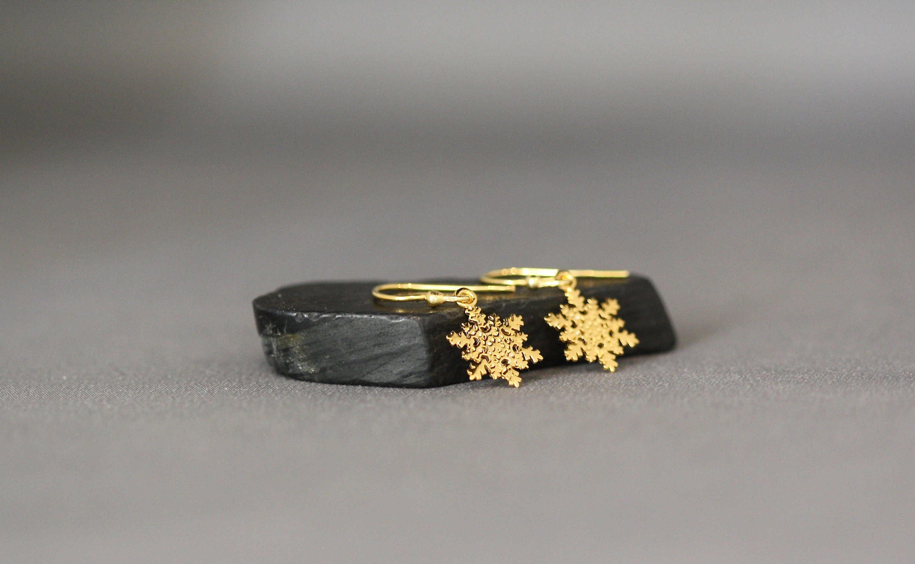 Shiny Gold Vermeil Snowflake Charm Dangle Earrings