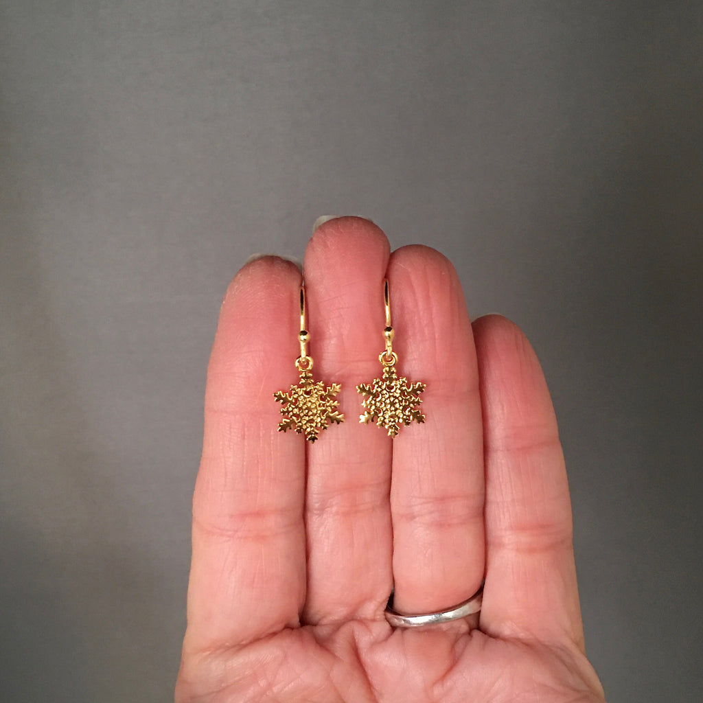 Shiny Gold Vermeil Snowflake Charm Dangle Earrings