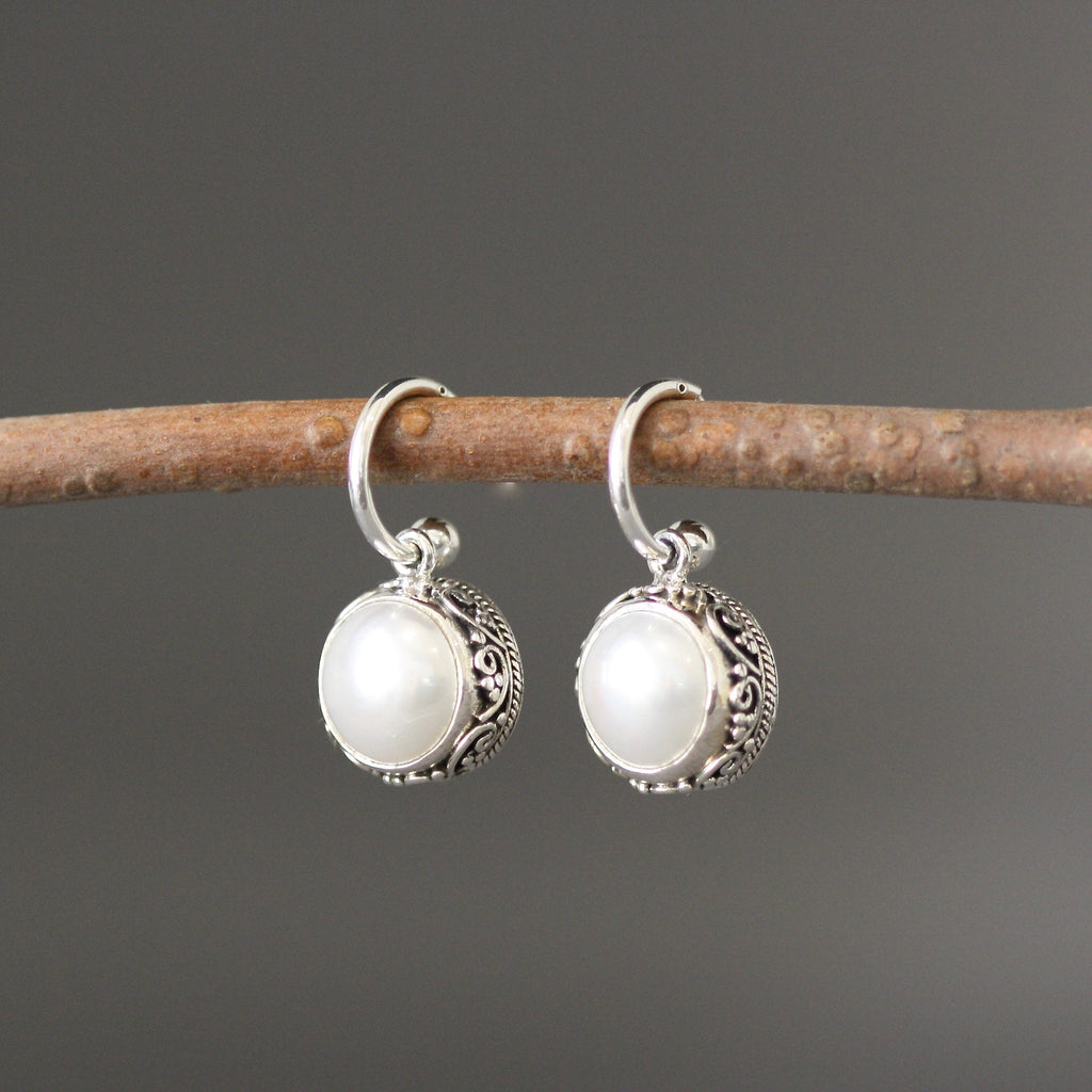 Freshwater Pearl Bezel and Bali Sterling Silver Charm Earrings on Post Hoops