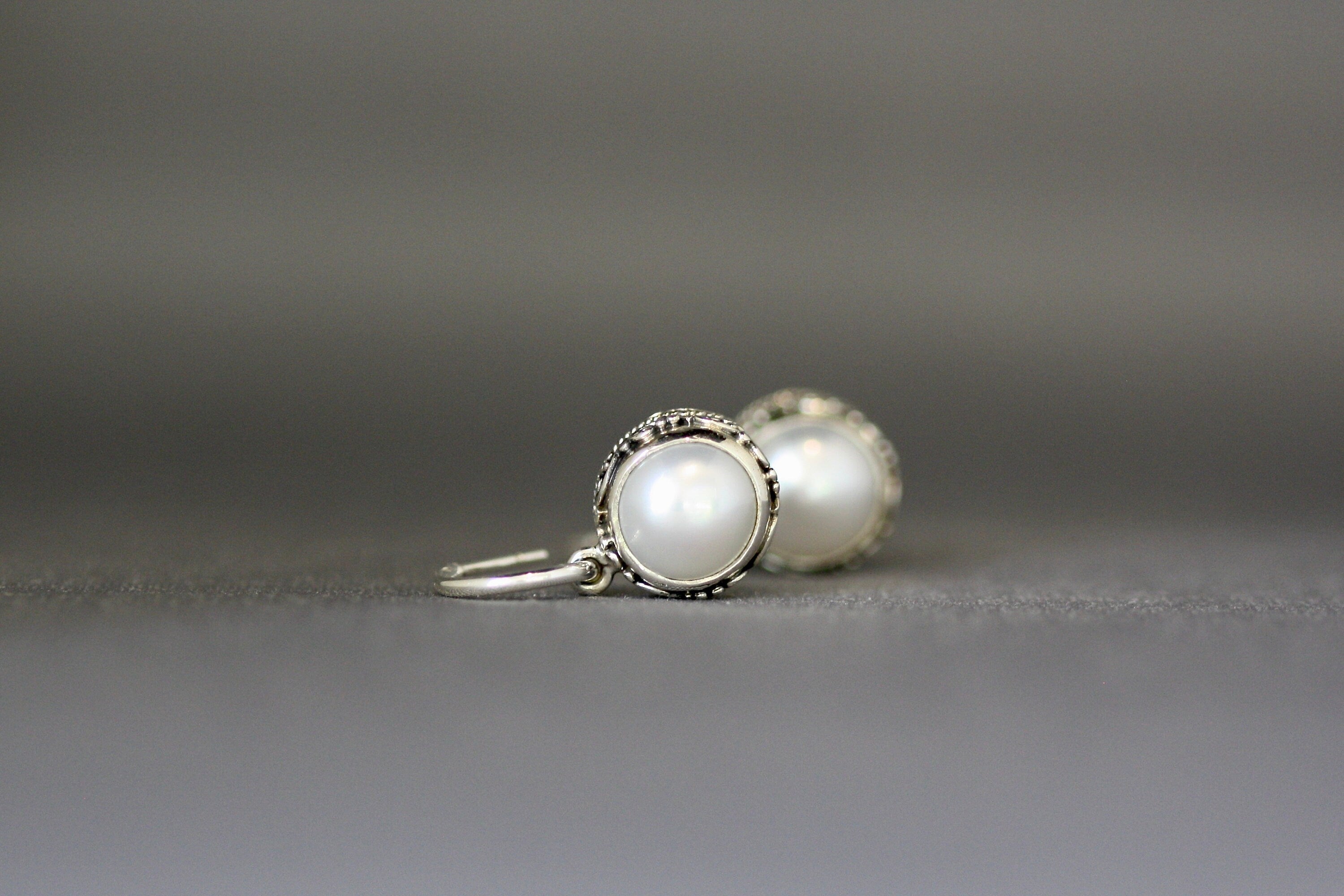 Freshwater Pearl Bezel and Bali Sterling Silver Charm Earrings on Post Hoops