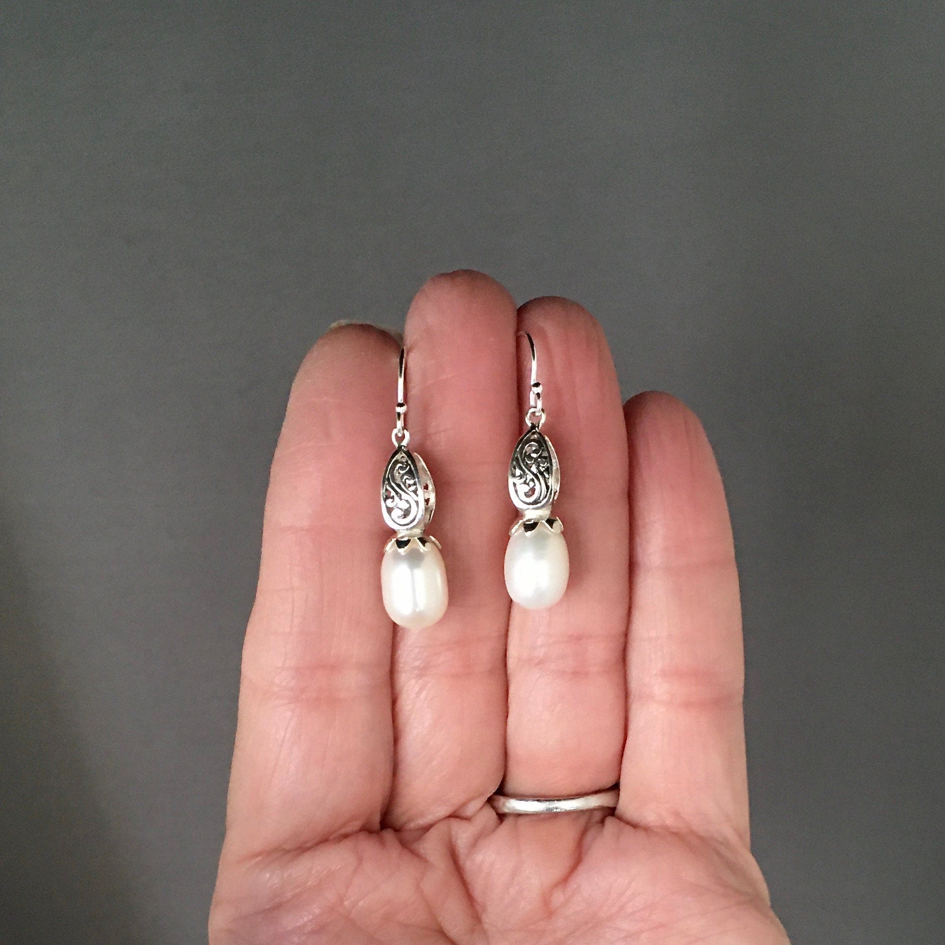 Freshwater Pearl Drop Earrings with Bali Silver Filigree Caps