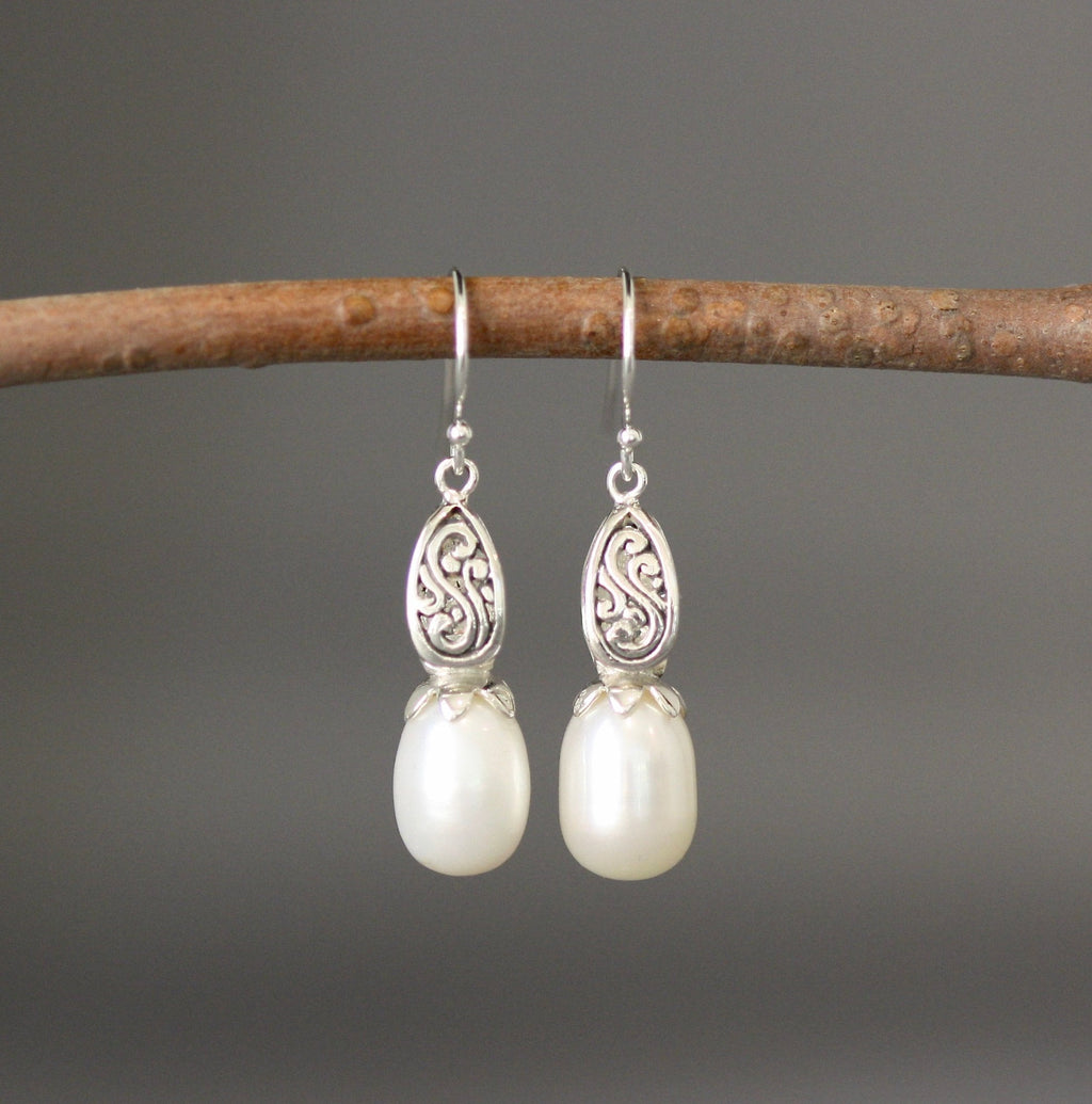 Freshwater Pearl Drop Earrings with Bali Silver Filigree Caps