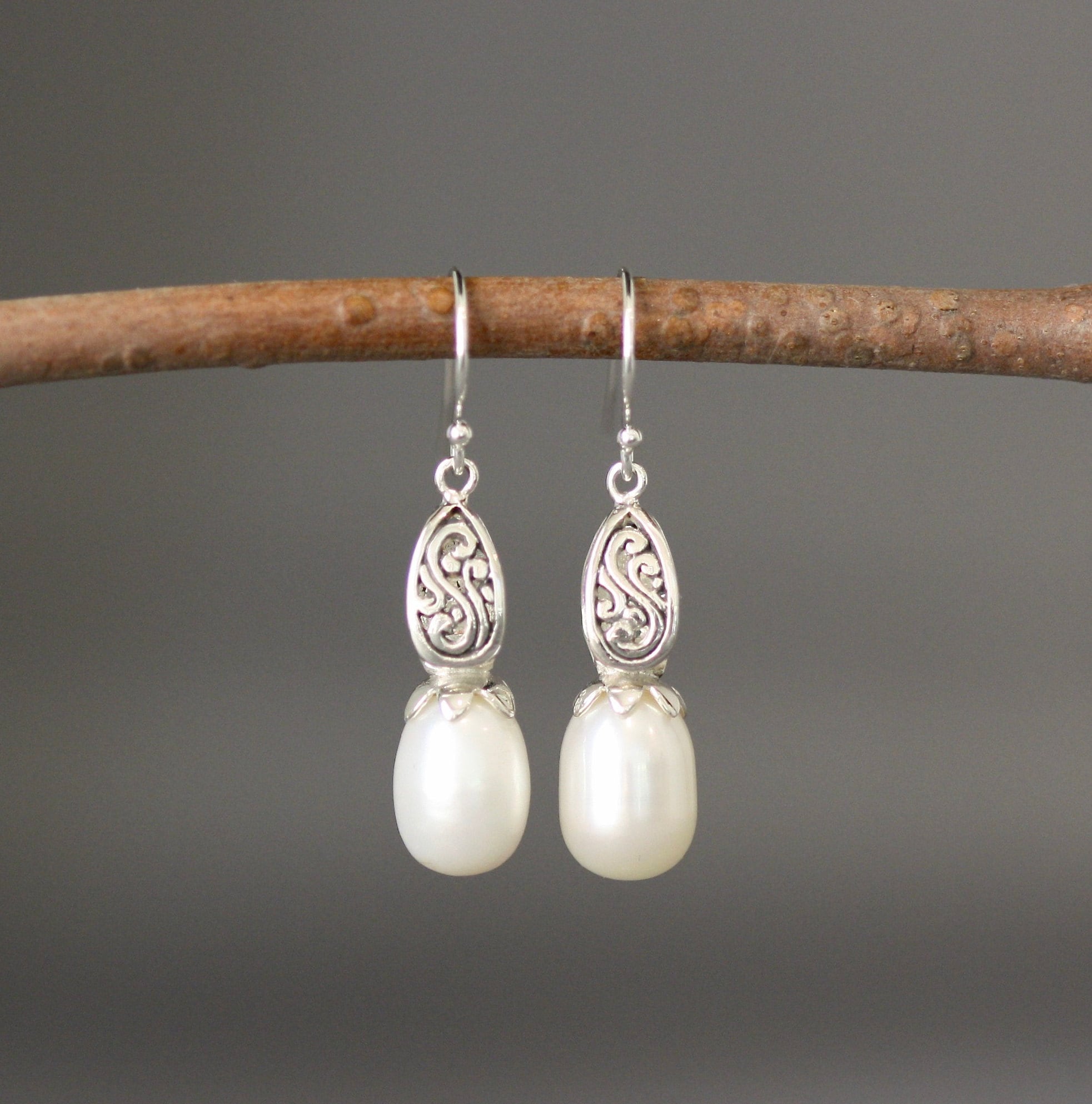 Freshwater Pearl Drop Earrings with Bali Silver Filigree Caps