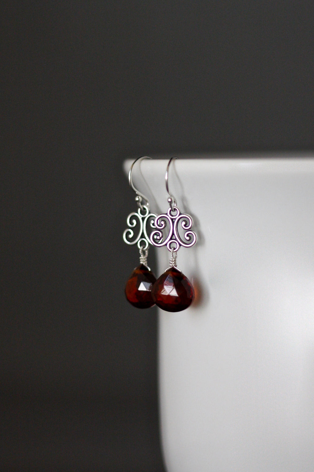 Garnet Quartz Teardrop and Bali Sterling Silver Link Dangle Earrings