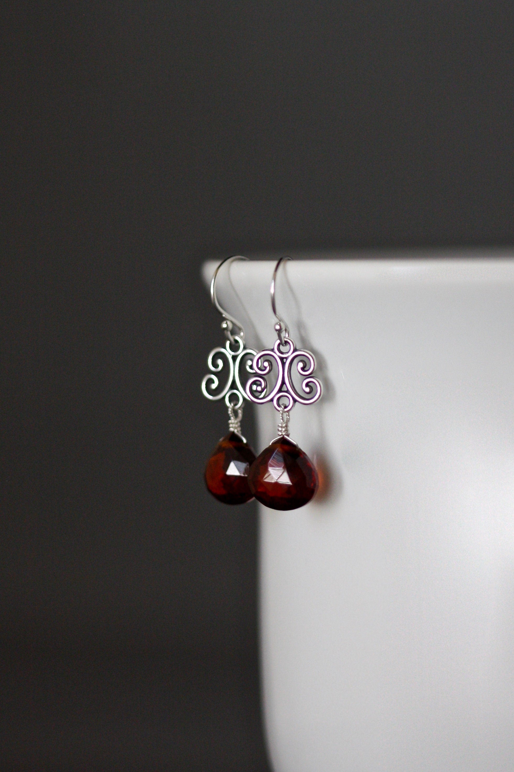 Garnet Quartz Teardrop and Bali Sterling Silver Link Dangle Earrings