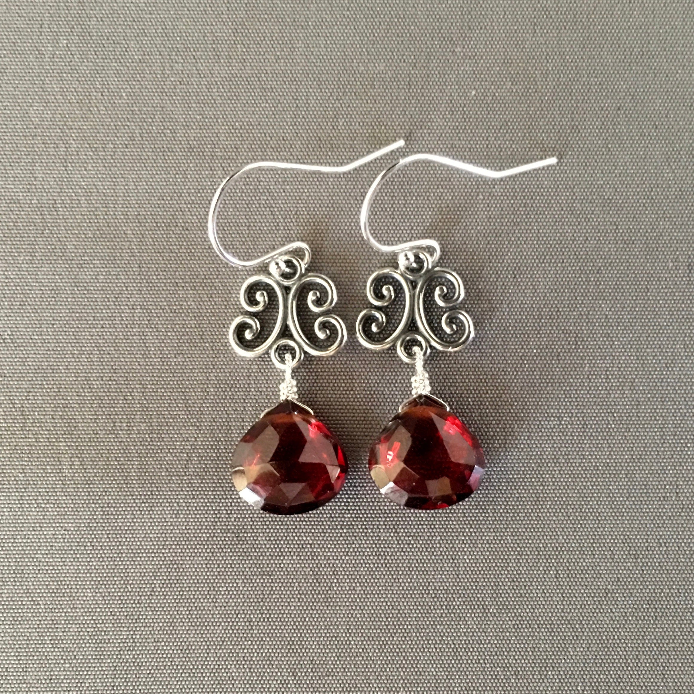 Garnet Quartz Teardrop and Bali Sterling Silver Link Dangle Earrings