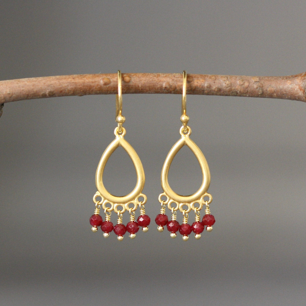 Ruby Button Dangle Earrings on Matte Gold Vermeil Links