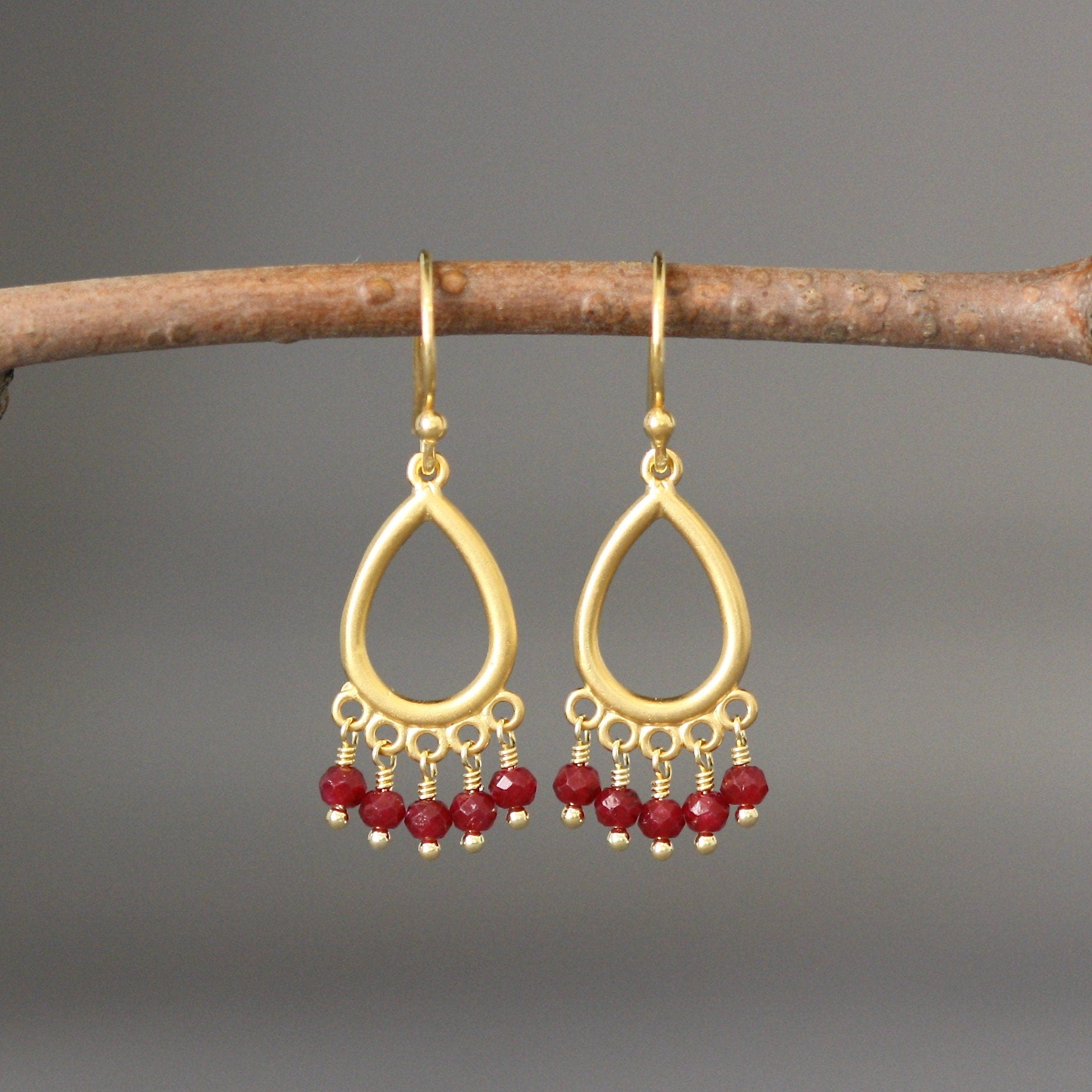Ruby Button Dangle Earrings on Matte Gold Vermeil Links