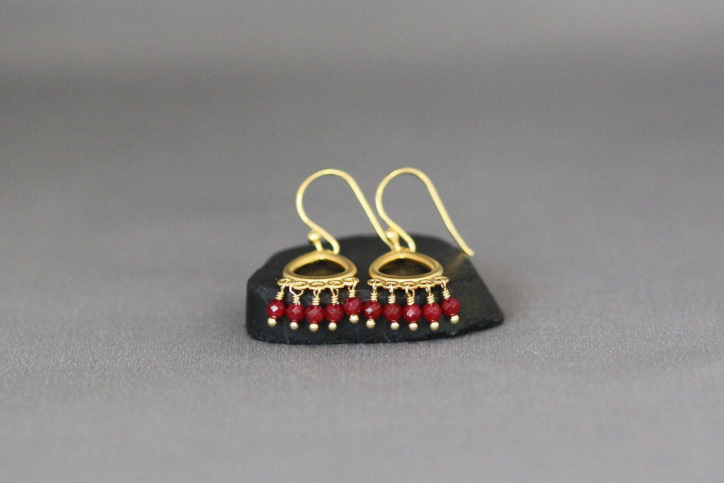 Ruby Button Dangle Earrings on Matte Gold Vermeil Links