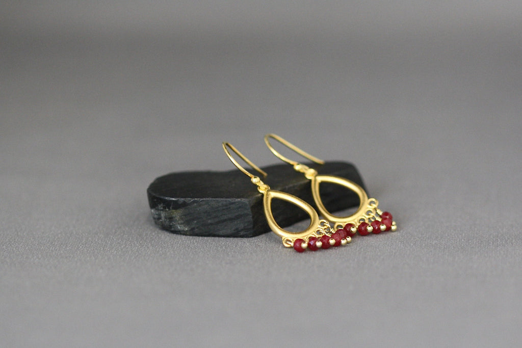 Ruby Button Dangle Earrings on Matte Gold Vermeil Links