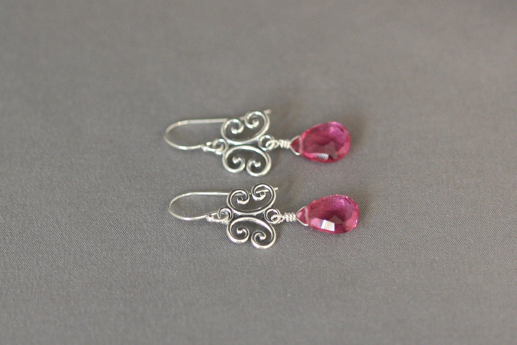 Hot Pink Quartz Teardrop and Bali Sterling Silver Dangle Earrings
