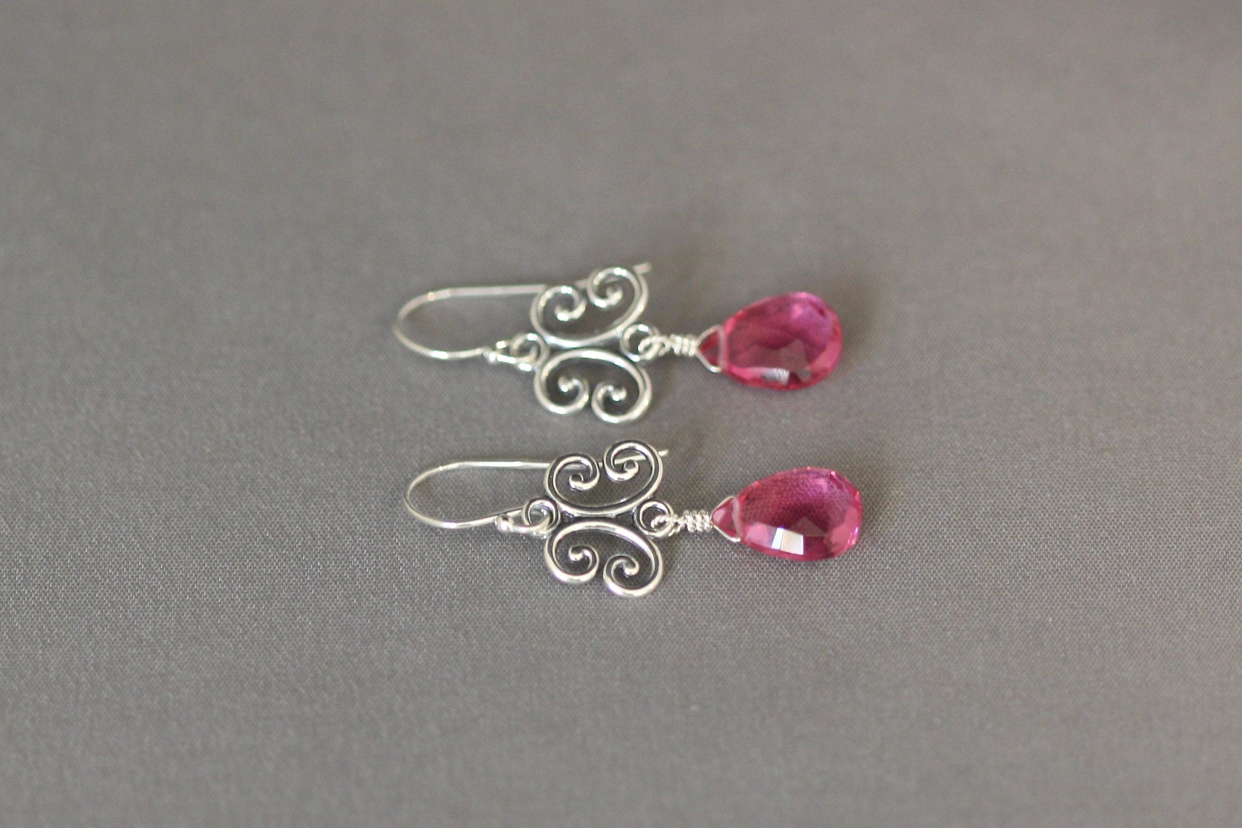 Hot Pink Quartz Teardrop and Bali Sterling Silver Dangle Earrings