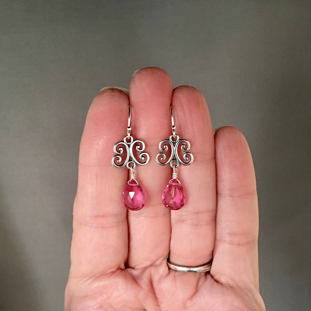 Hot Pink Quartz Teardrop and Bali Sterling Silver Dangle Earrings