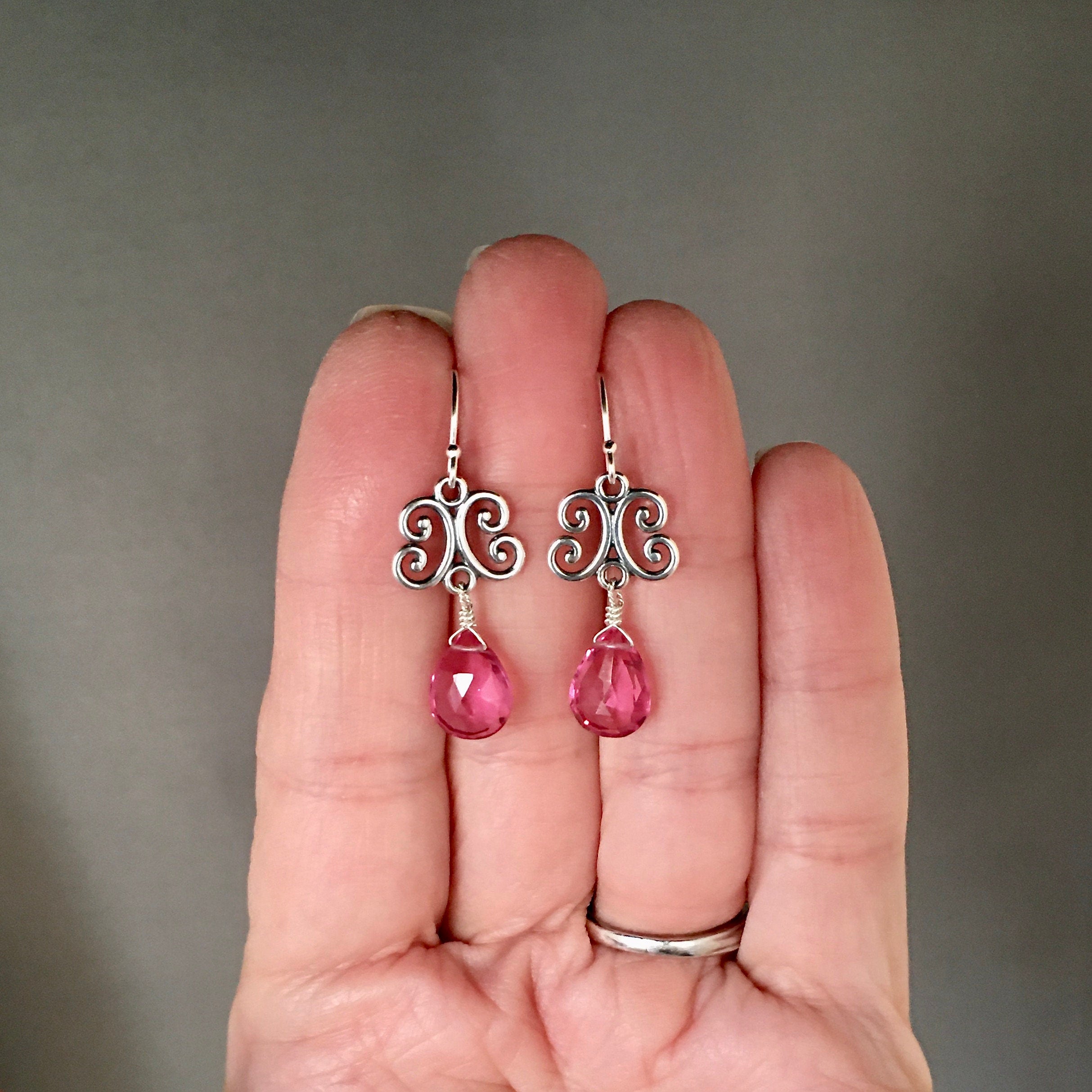Hot Pink Quartz Teardrop and Bali Sterling Silver Dangle Earrings