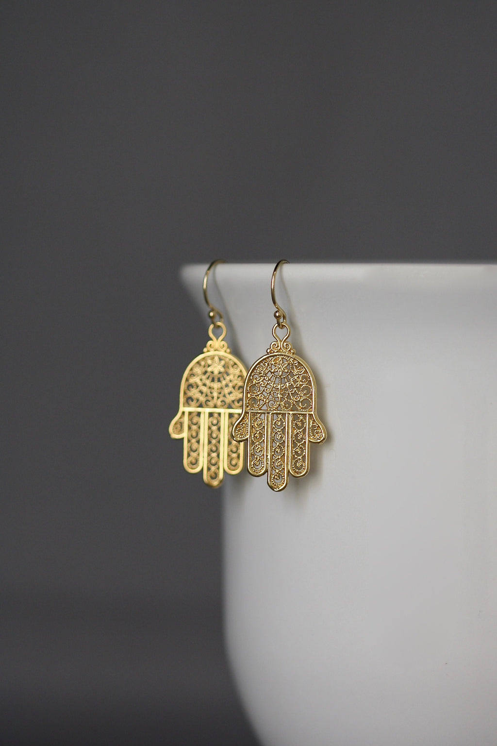 Gold Vermeil Bali Filigree Hamsa Dangle Earrings