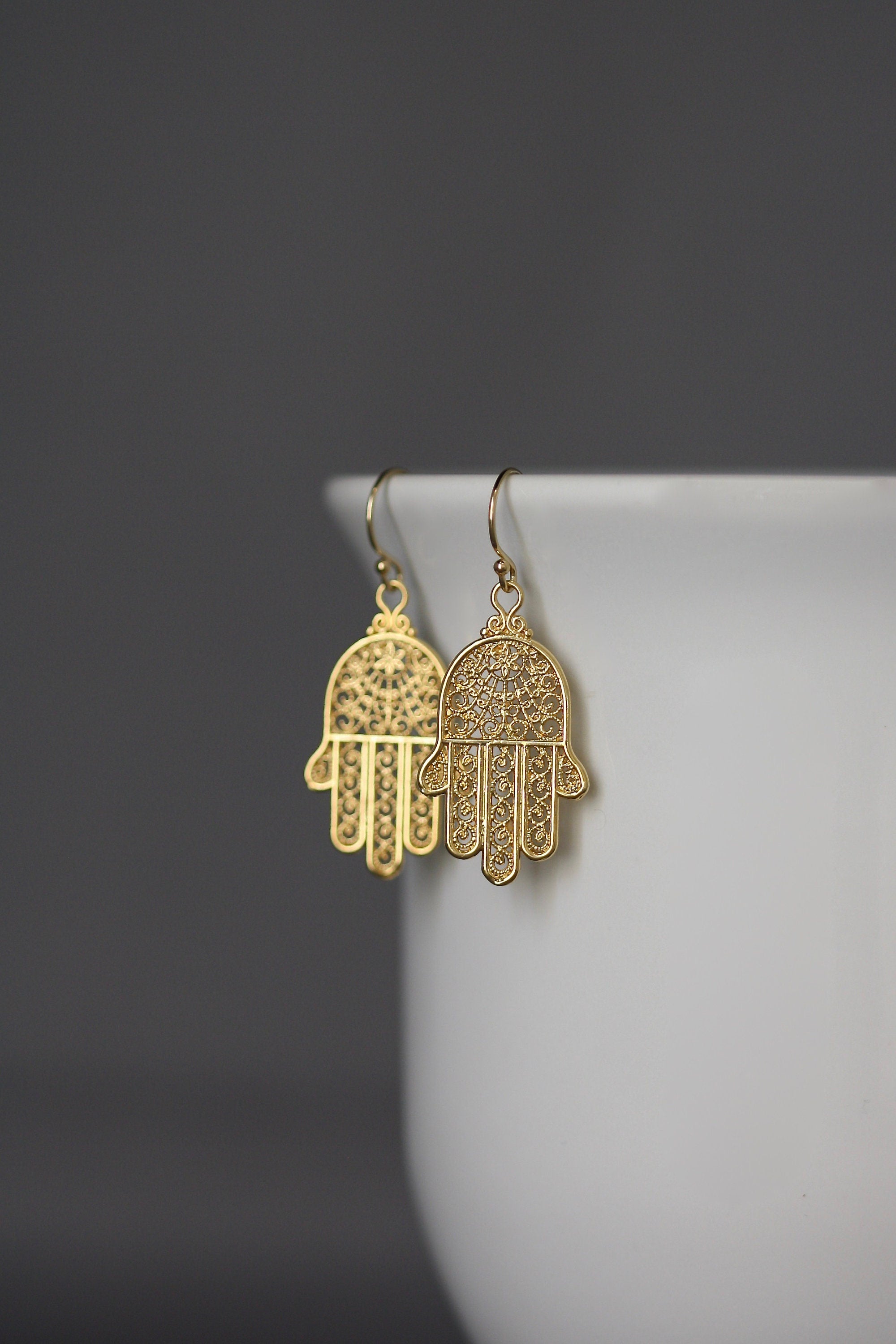 Gold Vermeil Bali Filigree Hamsa Dangle Earrings