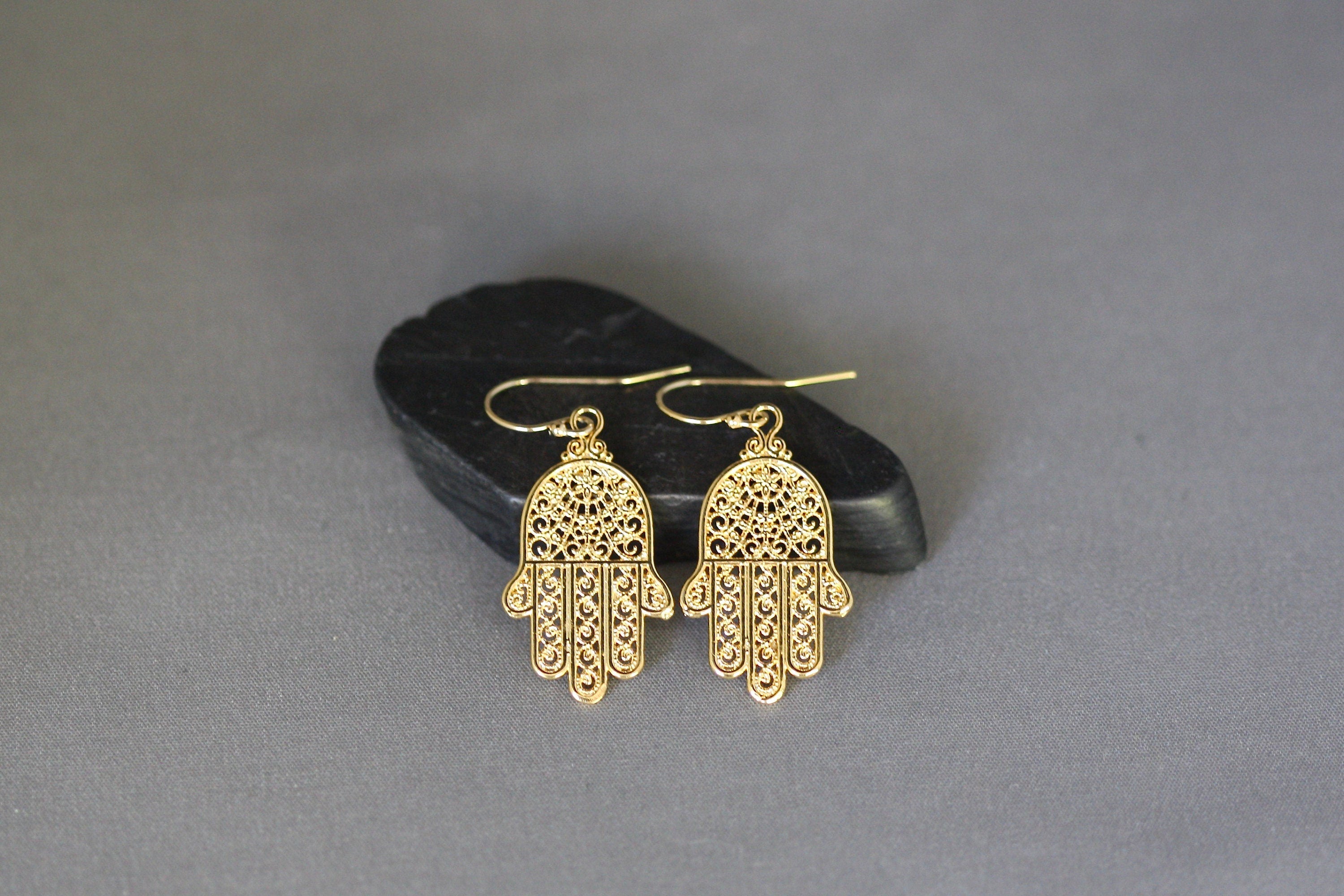 Gold Vermeil Bali Filigree Hamsa Dangle Earrings