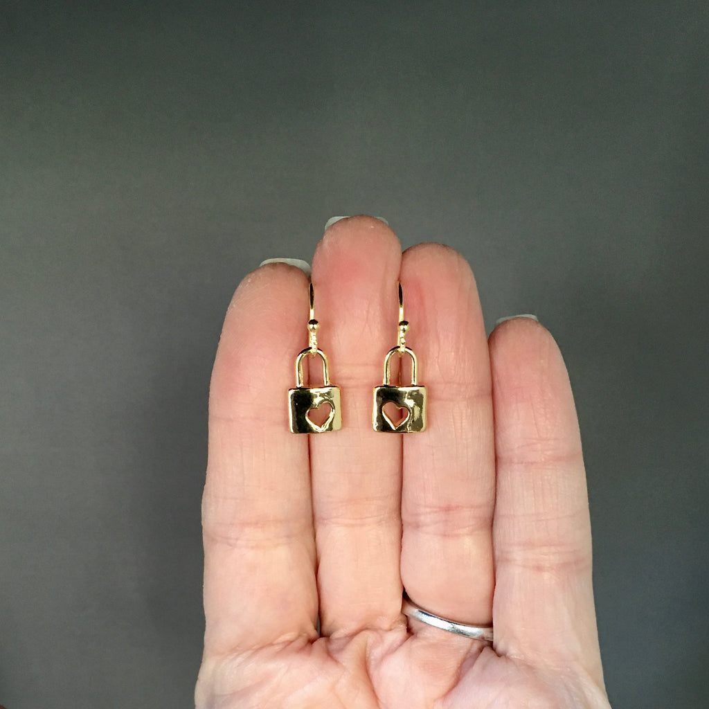 Gold Vermeil Heart Padlock Charm Dangle Earrings