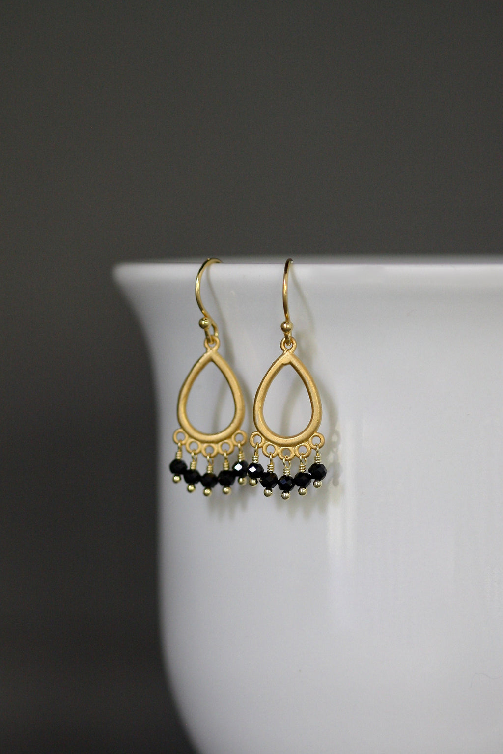 Black Spinel Button Earrings on Matte Gold Vermeil Chandelier Links