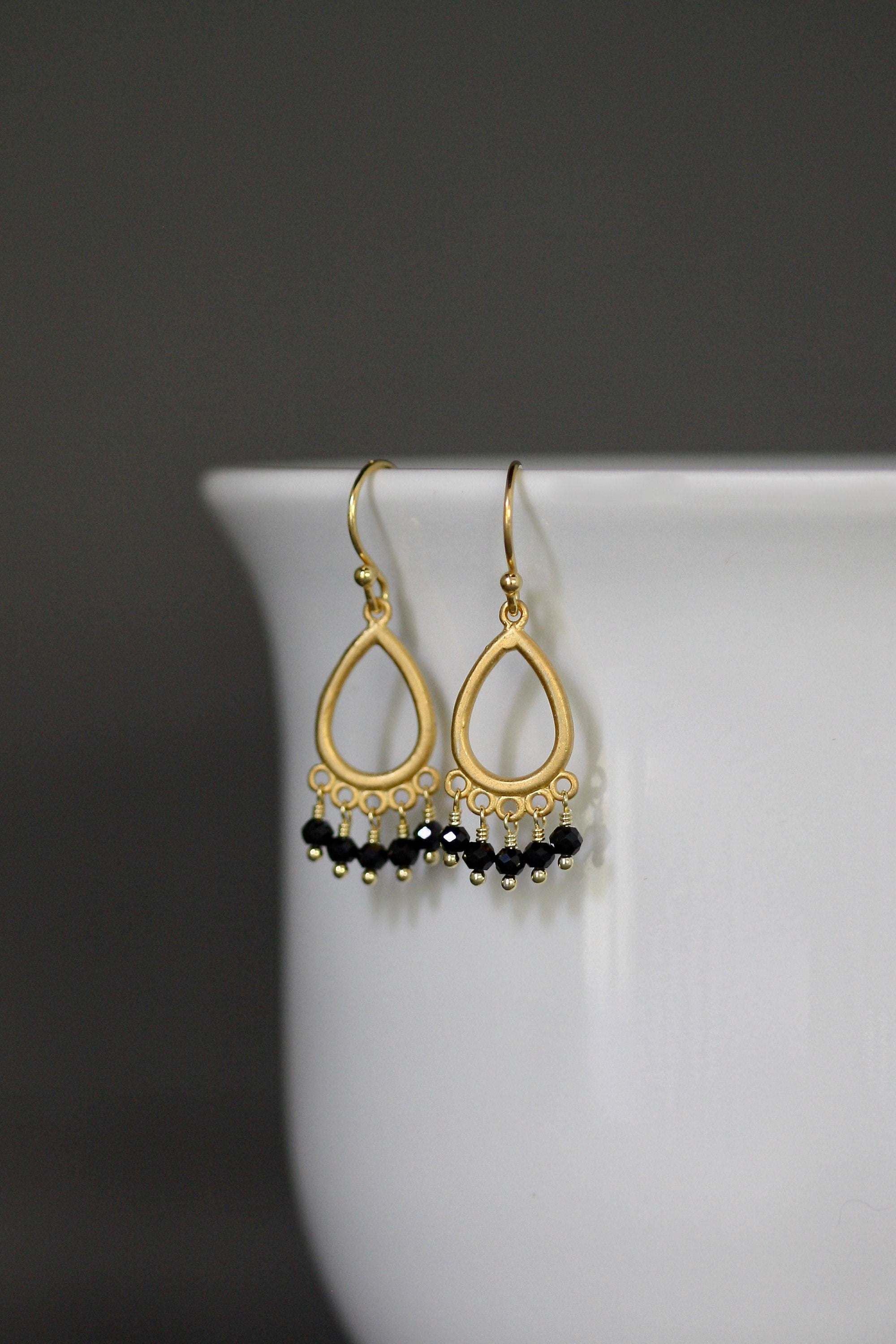 Black Spinel Button Earrings on Matte Gold Vermeil Chandelier Links