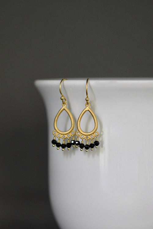 Black Spinel Button Earrings on Matte Gold Vermeil Chandelier Links