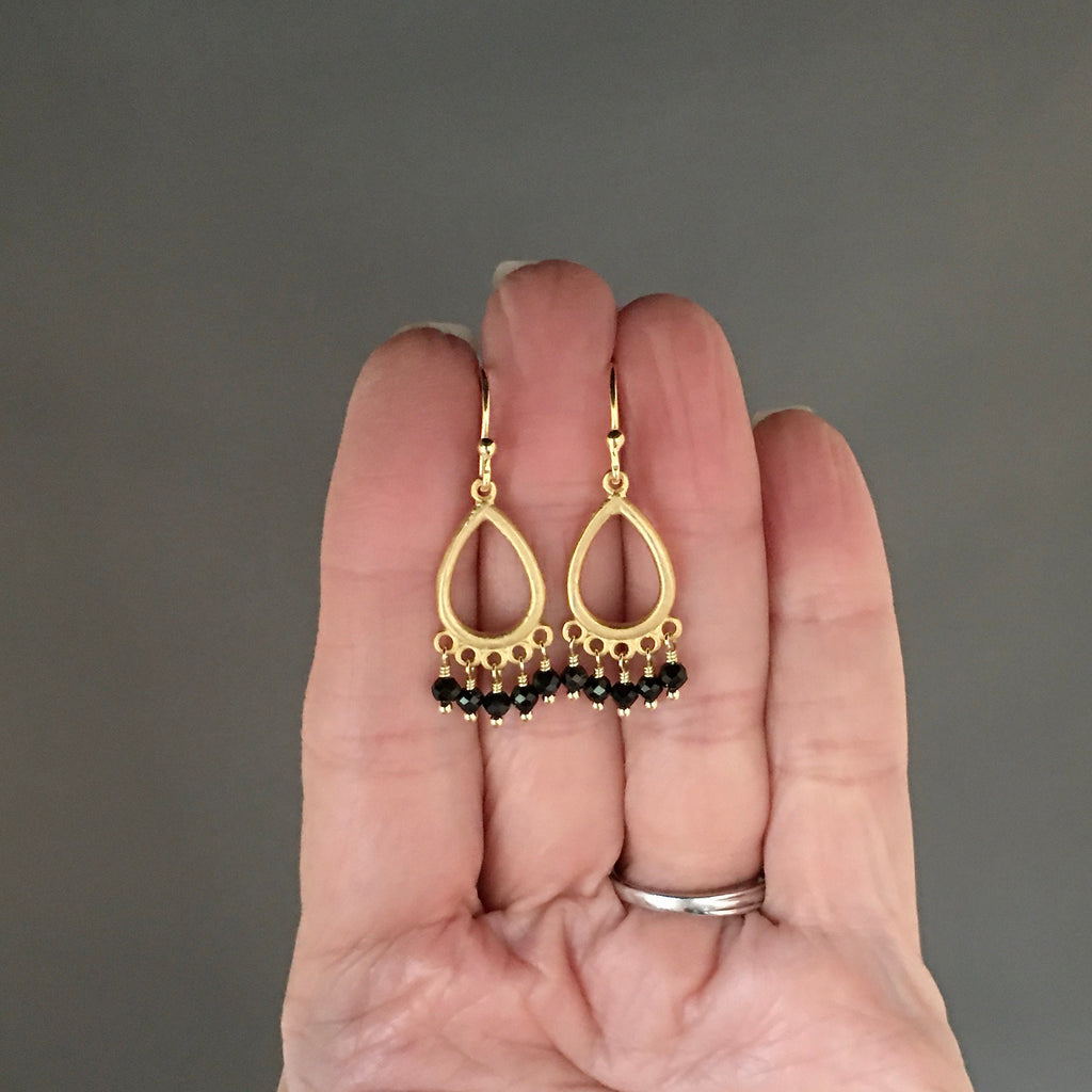Black Spinel Button Earrings on Matte Gold Vermeil Chandelier Links
