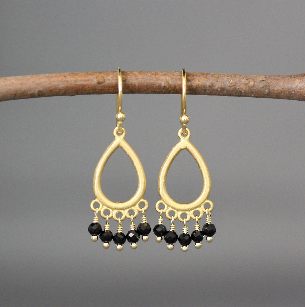 Black Spinel Button Earrings on Matte Gold Vermeil Chandelier Links