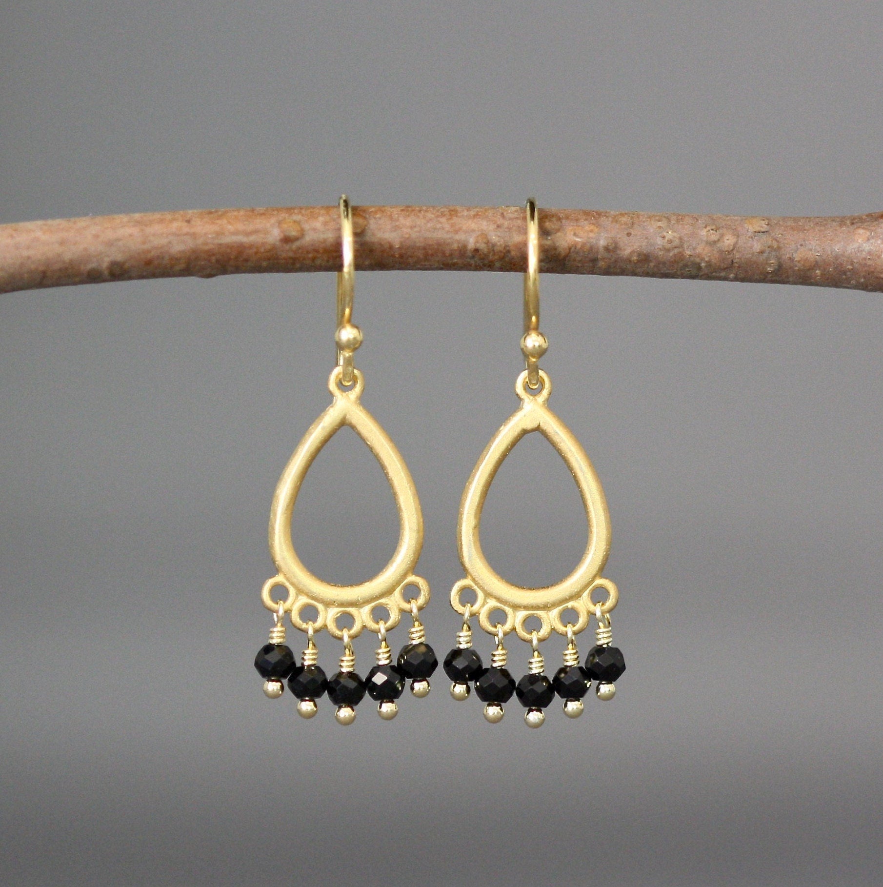 Black Spinel Button Earrings on Matte Gold Vermeil Chandelier Links