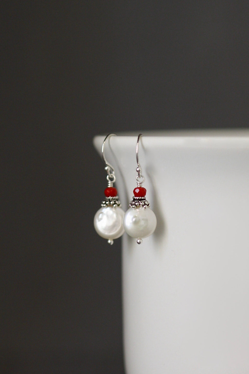 Red Coral and Freshwater Coin Pearl Sterling Silver Dangle Earrings