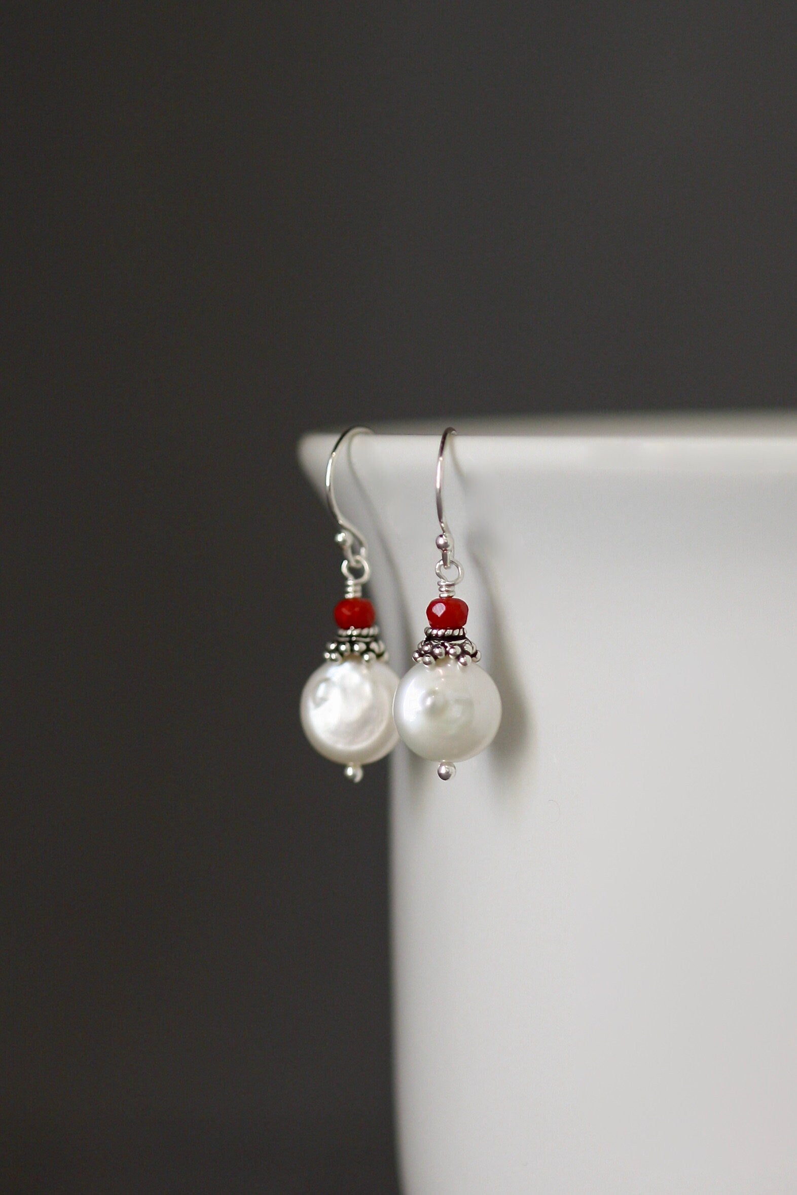 Red Coral and Freshwater Coin Pearl Sterling Silver Dangle Earrings
