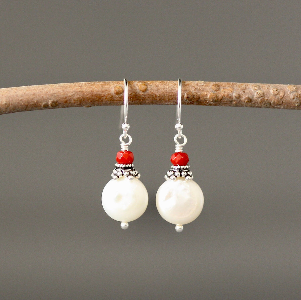 Red Coral and Freshwater Coin Pearl Sterling Silver Dangle Earrings