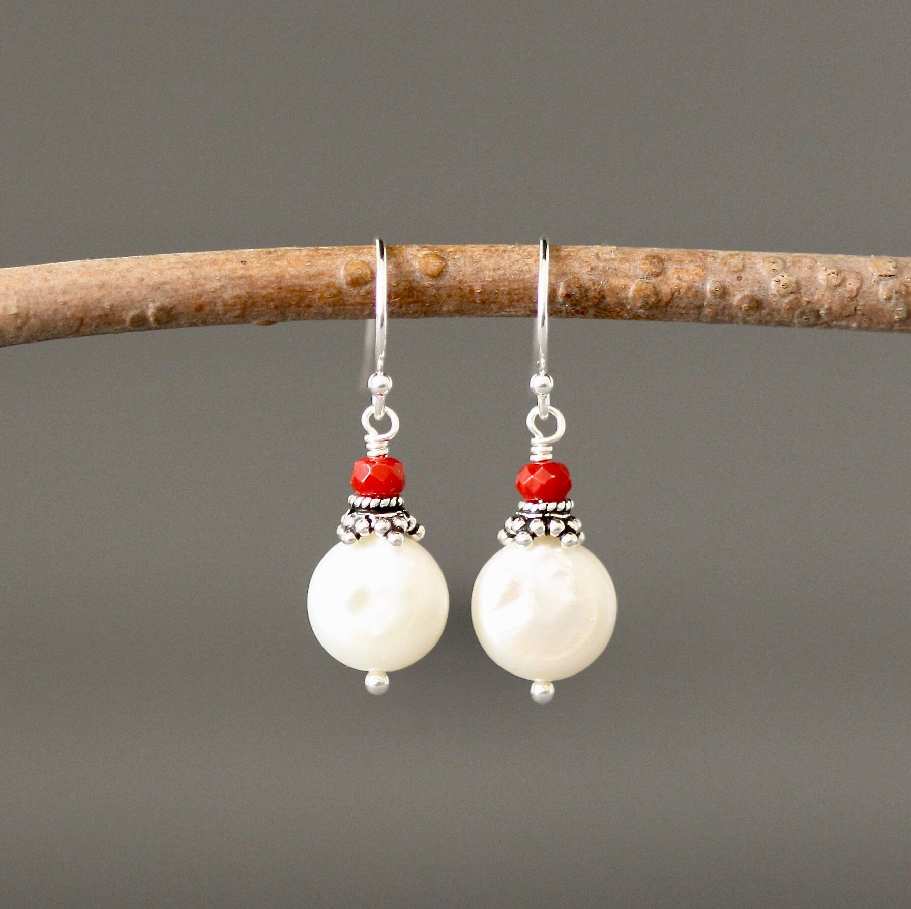 Red Coral and Freshwater Coin Pearl Sterling Silver Dangle Earrings