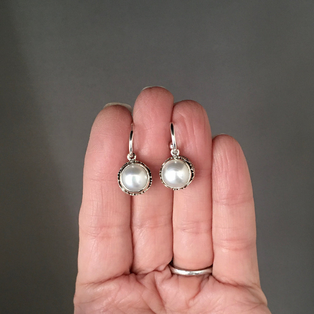 Freshwater Pearl Bezel and Bali Sterling Silver Charm Earrings on Post Hoops