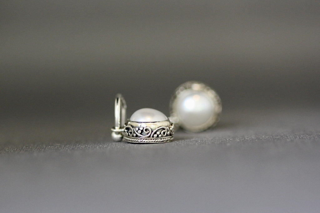 Freshwater Pearl Bezel and Bali Sterling Silver Charm Earrings on Post Hoops