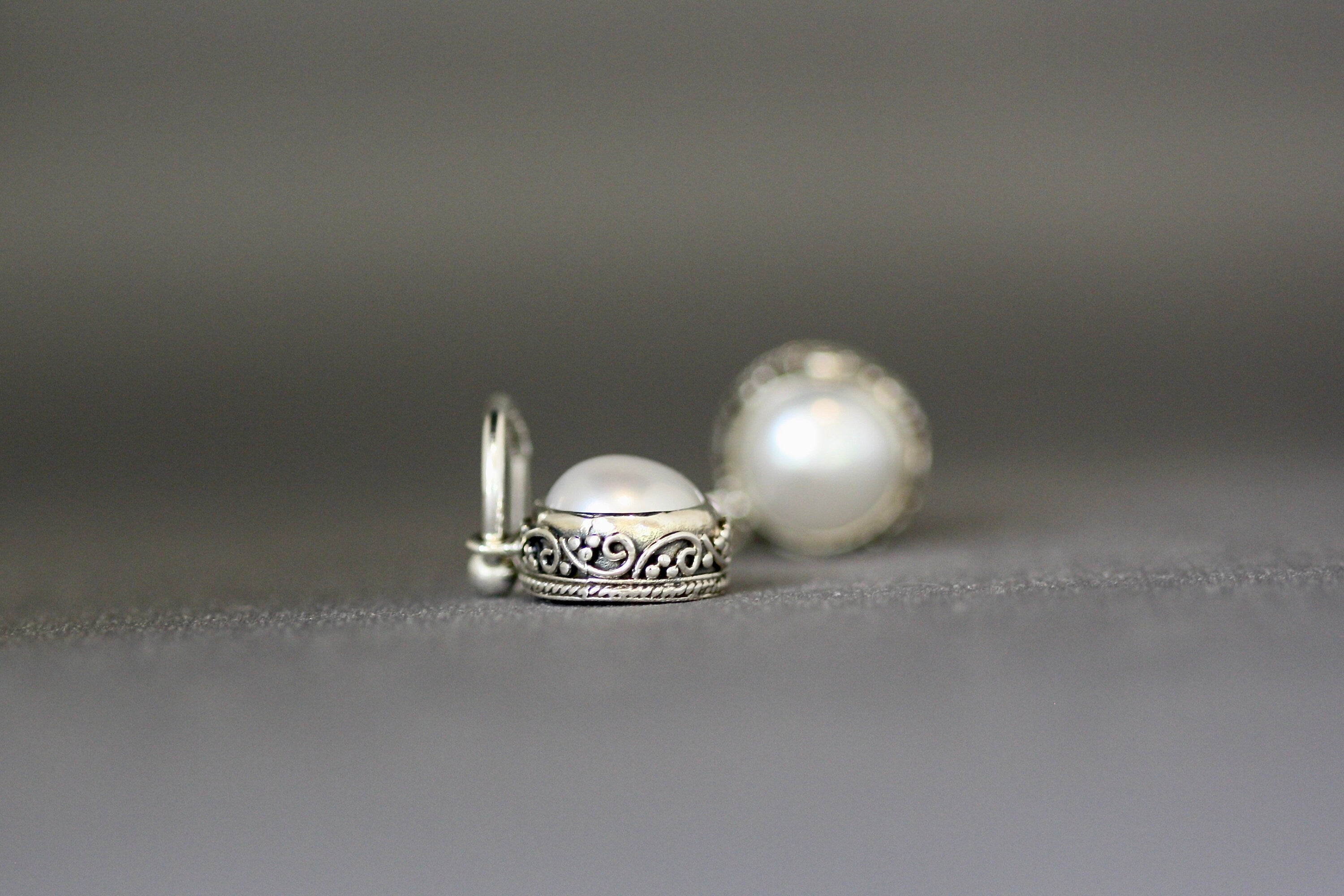 Freshwater Pearl Bezel and Bali Sterling Silver Charm Earrings on Post Hoops