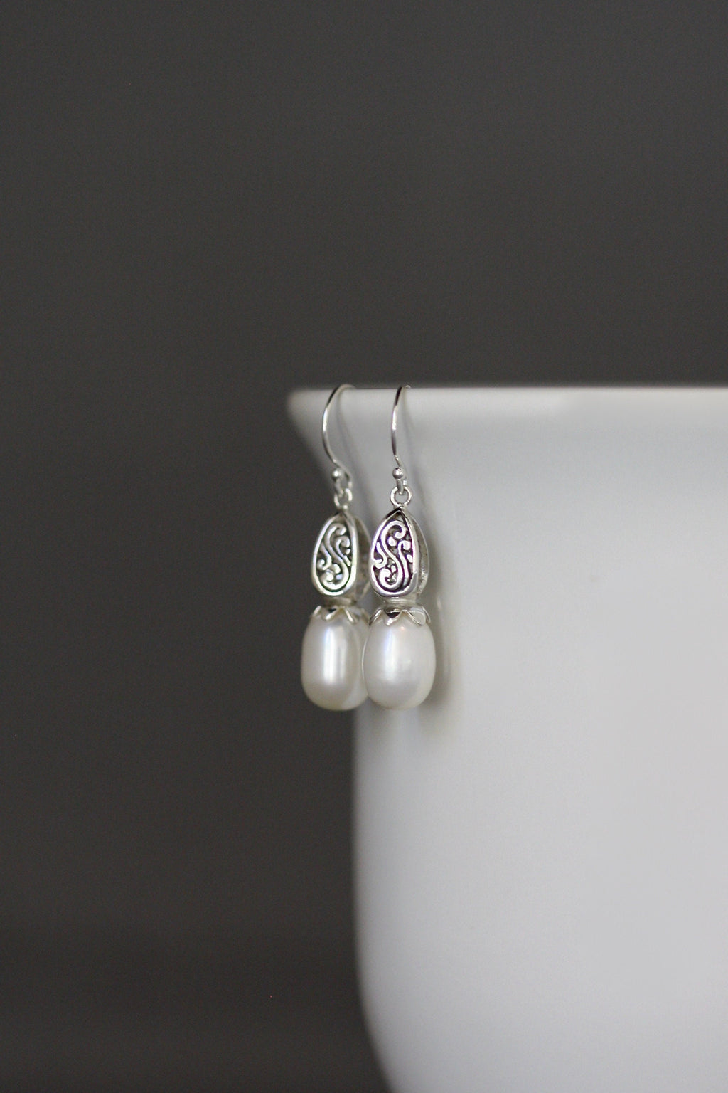 Freshwater Pearl Drop Earrings with Bali Silver Filigree Caps