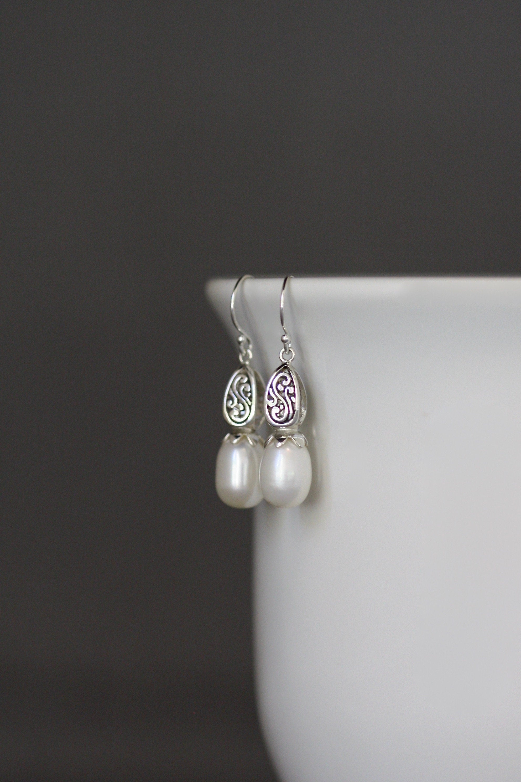 Freshwater Pearl Drop Earrings with Bali Silver Filigree Caps