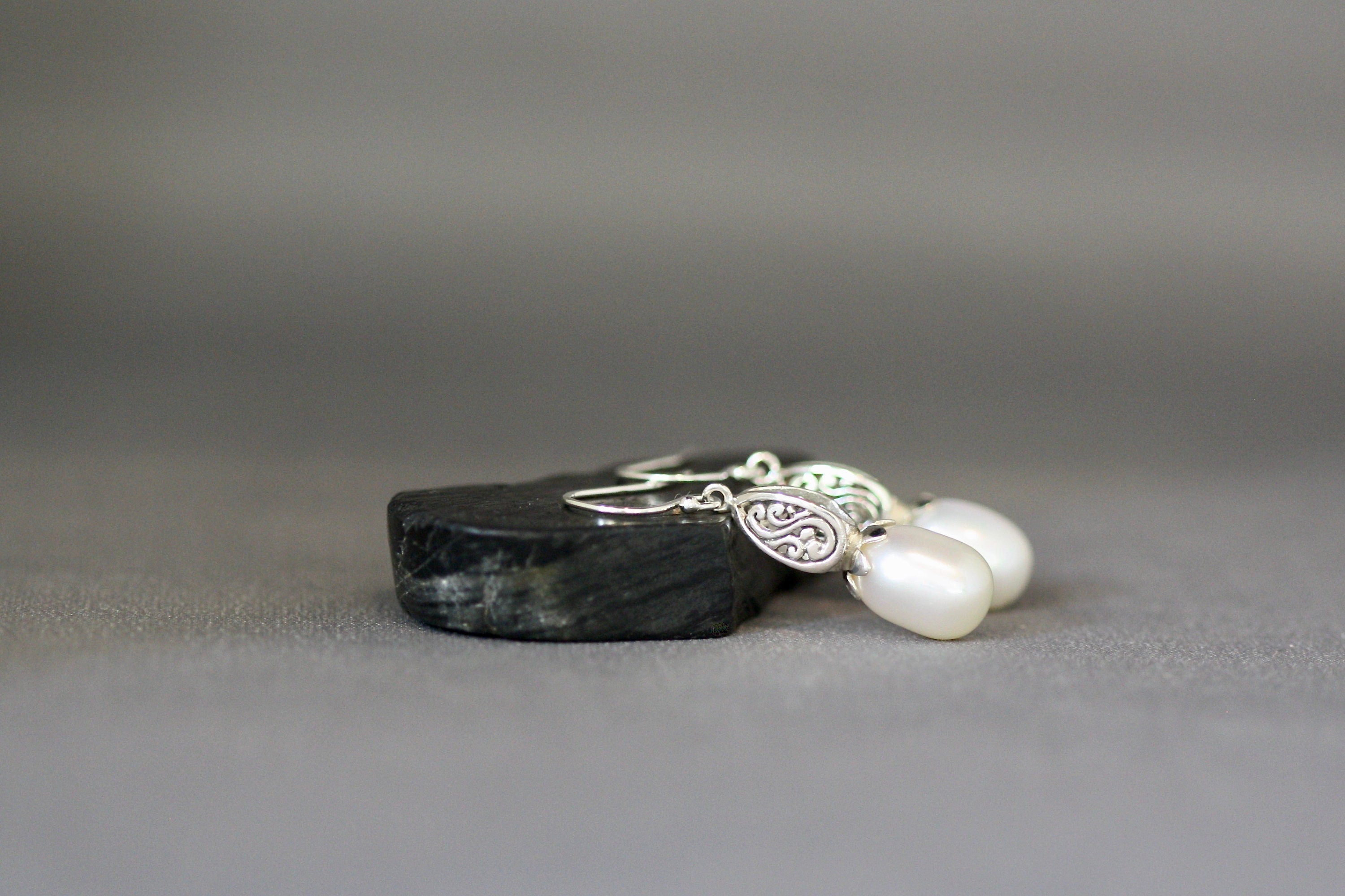 Freshwater Pearl Drop Earrings with Bali Silver Filigree Caps