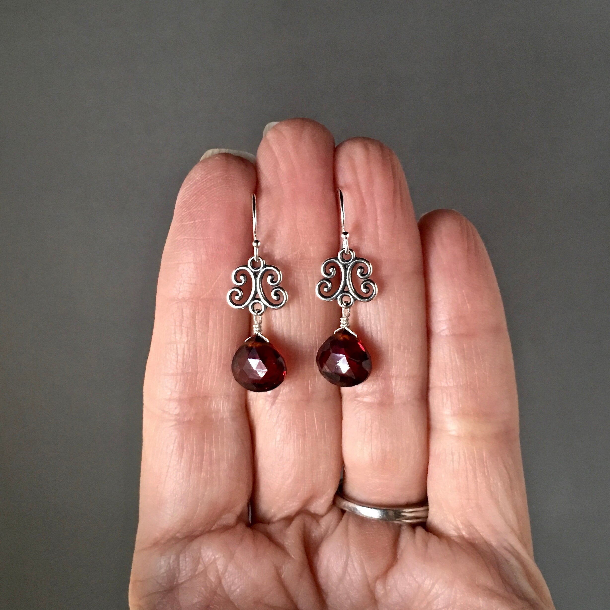 Garnet Quartz Teardrop and Bali Sterling Silver Link Dangle Earrings