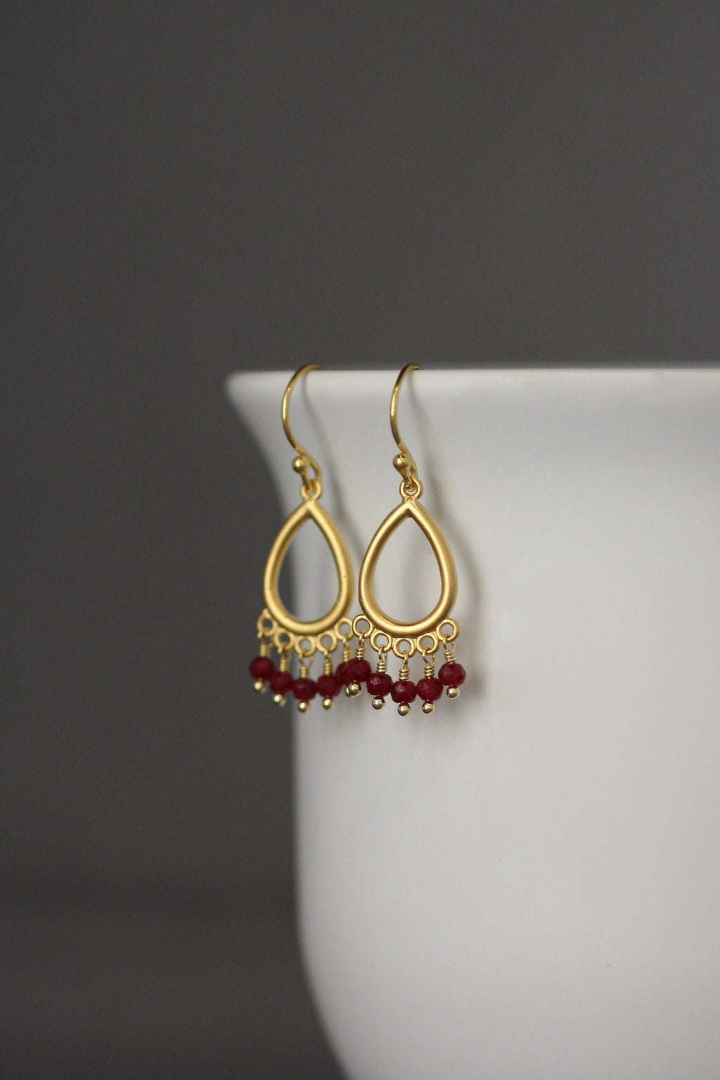 Ruby Button Dangle Earrings on Matte Gold Vermeil Links