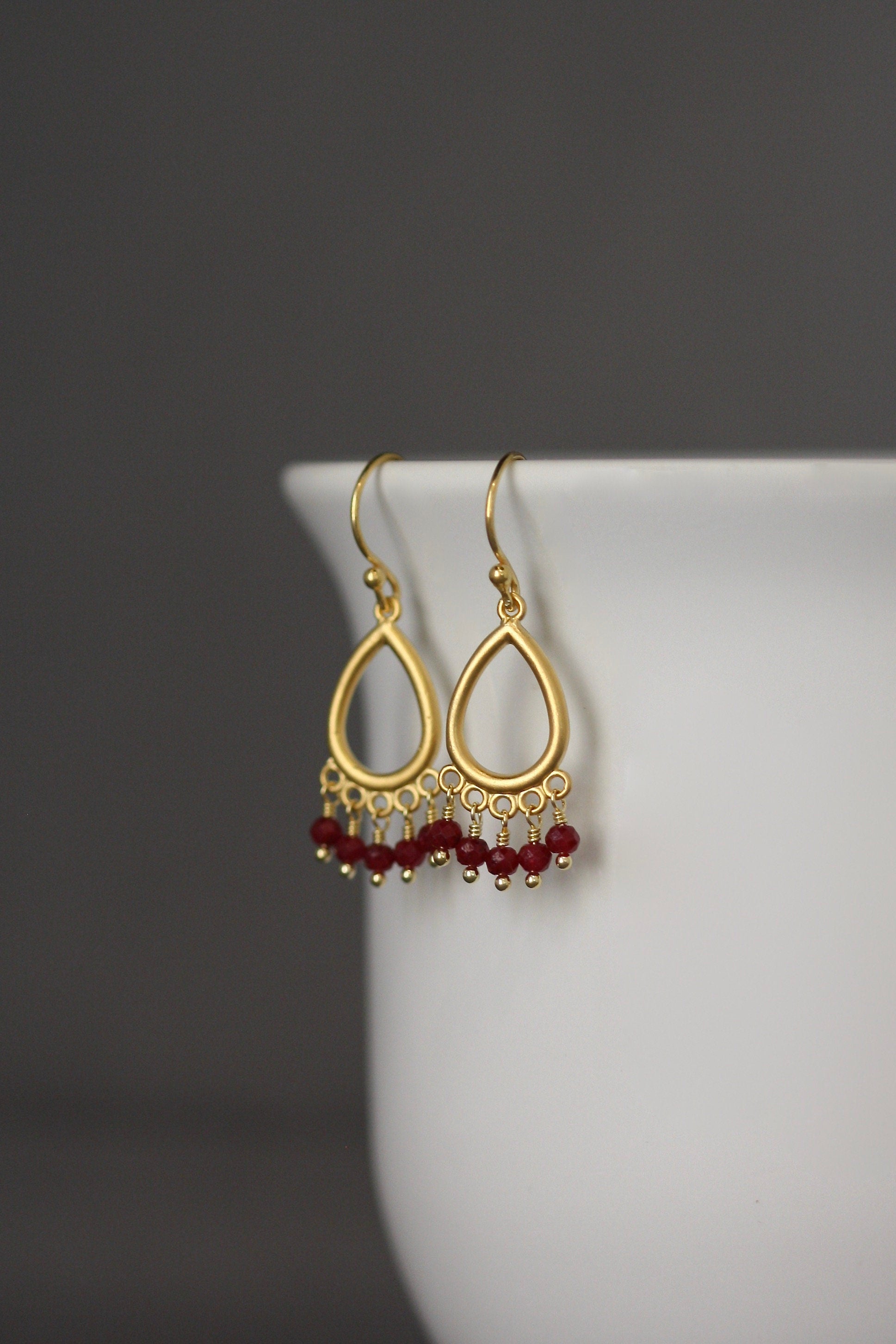 Ruby Button Dangle Earrings on Matte Gold Vermeil Links