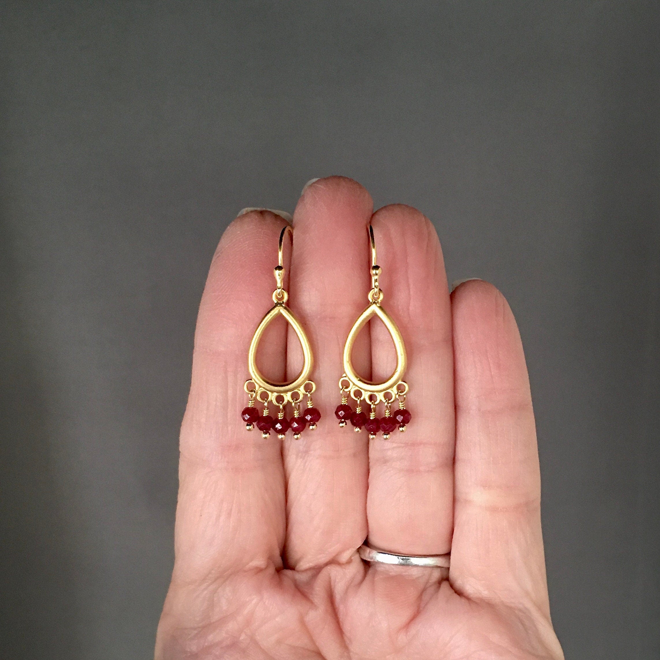 Ruby Button Dangle Earrings on Matte Gold Vermeil Links