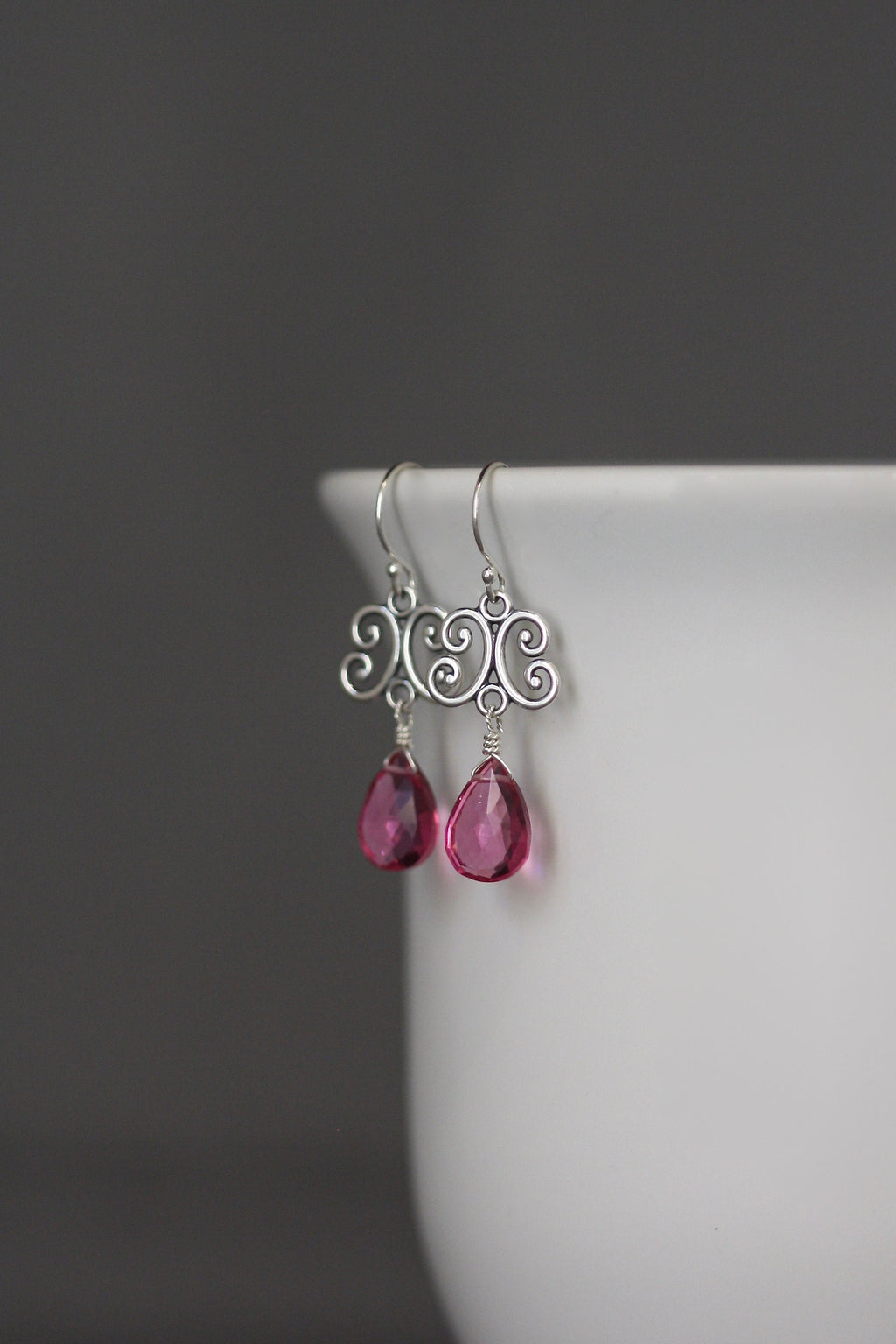 Hot Pink Quartz Teardrop and Bali Sterling Silver Dangle Earrings