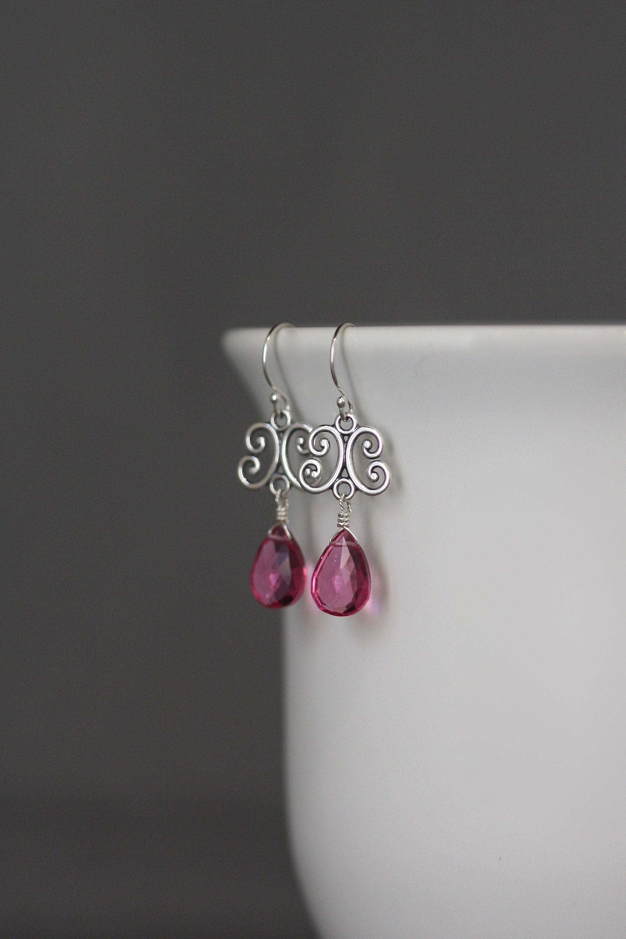 Hot Pink Quartz Teardrop and Bali Sterling Silver Dangle Earrings